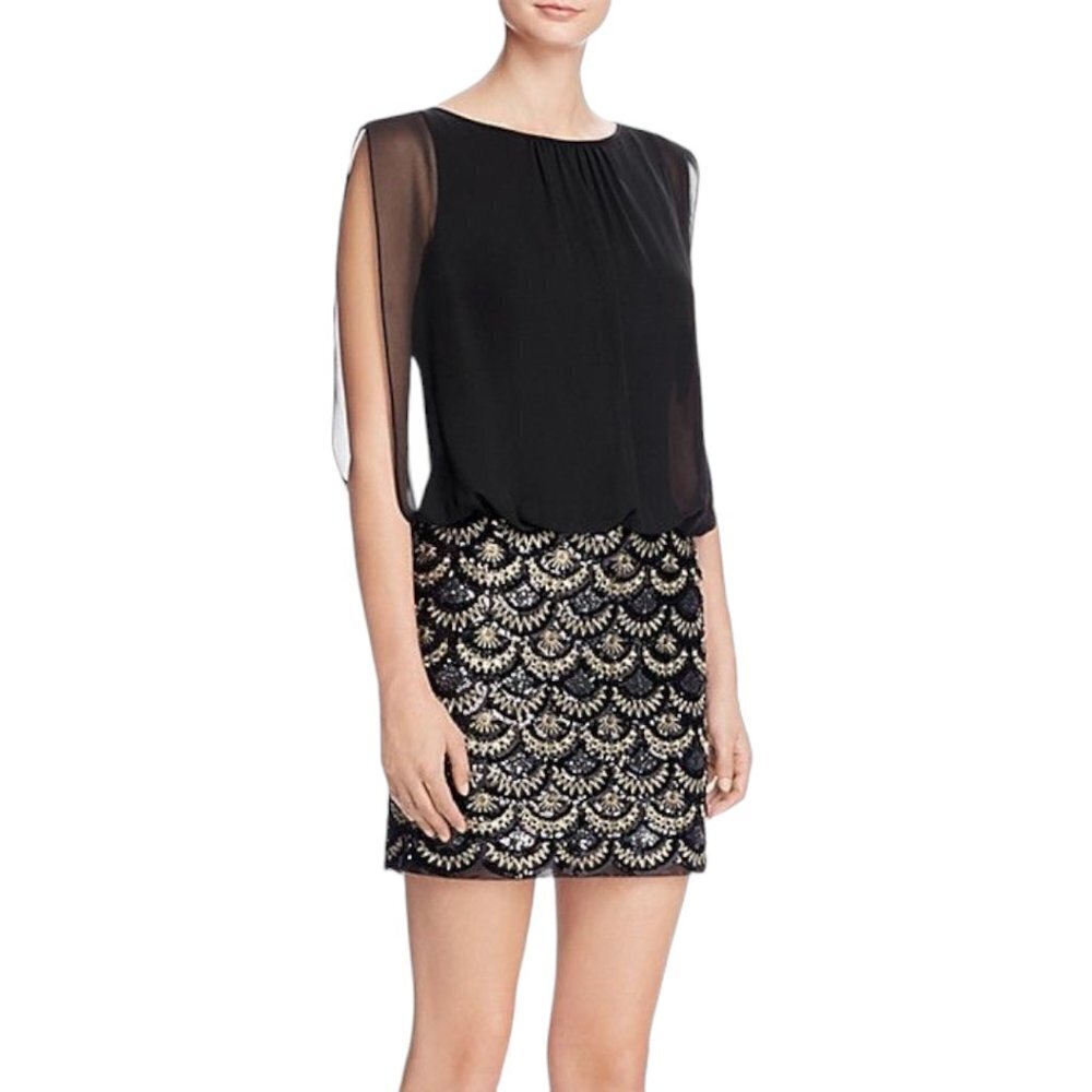 Aqua Black Sequin Beaded Blouson Dress Cocktail